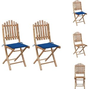 vidaXL buitenstoelen set - bamboe - 50x42x92 cm - inklapbaar - blauw kussen (2 stuks) - Tuinstoel