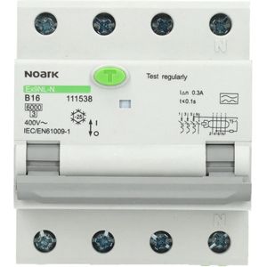 Noark aardlekautomaat 3-polig+nul 16A B-kar 300mA (Ex9NL-N 3P+N B16 A 300mA EU)