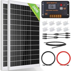 240 Watt Zonnepaneel Kit voor Off-Grid Systemen - 2 x 120W Monokristallijn met LCD Laadregelaar