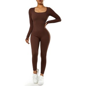 B.O.S. Basic Body - Ribbed - Long sleeve - Jumpsuit Voor Vrouwen - Kleding - Casual - Brown - Fitness - Rompertjes 2023 - Y2K - Playsuit - Activiteit - Streetwear Overalls - Maat M