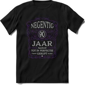 90 Jaar Legendarisch Gerijpt T-Shirt | Paars - Grijs | Grappig Verjaardag en Feest Cadeau Shirt | Dames - Heren - Unisex | Tshirt Kleding Kado | - Zwart - XXL