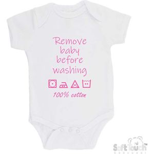 100% katoenen Romper ""Remove baby before washing 100% cotton"" Meisjes Katoen Wit/roze Maat 62/68