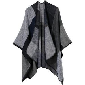 Dames Wintervest & Omslagdoek – Grijs Geblokte Poncho – Warme Dames Sjaal / Stola / Deken – Multifunctioneel Mode Accessoire – One Size