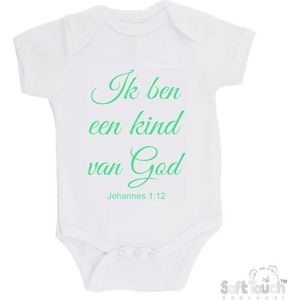 100% katoenen Romper ""Ik ben een kind van God Johannes 1:12"" Unisex Katoen Wit/mint Maat 56/62