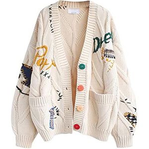 Kabelbreisel Damesvest met Lange Mouwen en Open Voorkant – Informele V-hals Trui met Borduurwerk