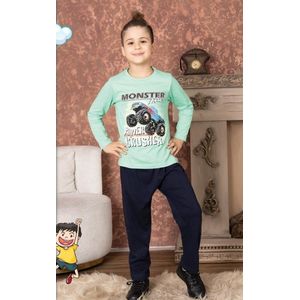 Jongen Pyjama - Pyjamaset - Katoen - Groen - Monster Truck Power Crusher- 4045 - 3-4 jaar