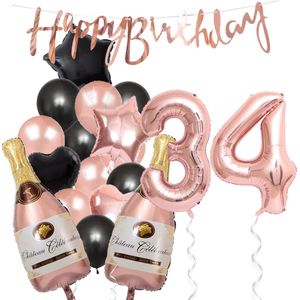 34 Jaar Verjaardag Cijferballon 34 - Feestpakket Snoes Ballonnen Pop The Bottles - Rose Zwart Versiering