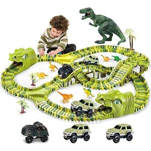 Dinosaurus-Racebanen Voor Kinderen, 260-Delige Flexibele Treinrails-Speelset Met 1 Dinosaurusauto, 2 Militaire Voertuigen En 7 Dinosaurusfiguurtjes, STEM Educatief Cadeau
