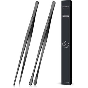 2 stuks 30,5 cm kookpincet tang, precisie gekartelde punten, roestvrij staal, professioneel kookpincet, keukengereedschap voor grillen, coaten en serveren (zwart)