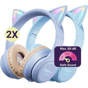 HappyCase Popz - Duo Pack Kinder Koptelefoon Draadloos - Kattenoortjes - Koptelefoon Voor Kinderen - Ledverlichting - Ingebouwde Microfoon - Over-Ear - 85db volumebregrenzer Bluetooth - Blauw & Paars