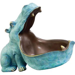 Nijlpaard opslag ornament-Hars grote mond hippo sleutelkom standbeelden-Blauw-Ornamenten-20x11x17cm-Creatieve sleutelhouder schotel organisator cadeau-Sieraden organisator decor-Voor thuis slaapkamer