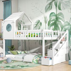 Sweiko Boomhuis kinderbed, boven- en onderbedden, stapelbed, dakvormig kinderbed, ladderkast, kinderdennenfamiliebed, 90 x 200 cm, geen matras, wit