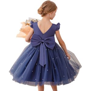 Joya Kids® Bruidsmeisje jurk Meisje Donker Blauw met Strik | Bruidsmeisjes jurk Tule Rok | Prinsessen jurk | Feestjurk Communie met Parels | Voor 2 tot 10 jaar oud | Maat 100
