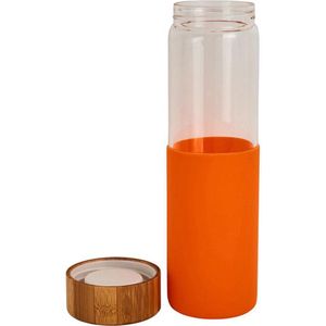 Gepersonaliseerde drink fles met uw eigen tekst of naam - Oranje - Bamboe dop - Ook eigen ontwerp is mogelijk