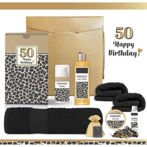 Geschenkset “50 Jaar Happy Birthday!” - 8 producten - 750 gram | Giftset voor haar - Luxe wellness cadeaubox - Cadeau Vrouw Vijftig jaar Party - Gefeliciteerd Gift Set Verjaardag - Geschenk Pakket - Cadeaupakket - Verjaardagscadeau -Panter Zwart Goud