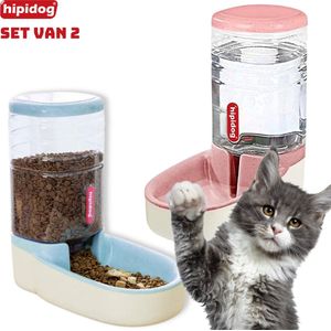 Hipidog - Automatische Dierenvoeder (set van 2) - Blauwe Voerbak & Roze Waterbak - Automatische voerbak- Kat & Hond - Waterbak + Voerbak - Automatische voerbak kat - Voerautomaat kat - Drinkbak hond