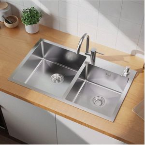 Auralum max 75x45cm Spoelbak - RVS Keuken gootsteen met Dubbele Spoelbak - Duurzaam, Veelzijdig en Geluiddempend - met zeepdispenser 300ml - afvoer en sifon