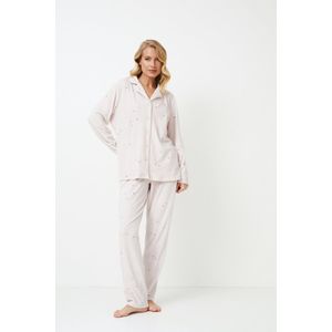 Warme Dames Pyjamaset Ariya–pyjamahemd met lange mouw-knoopsluiting-lange broek met zakken-lichtroze-maat S