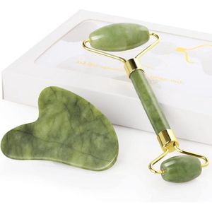 Gezichtsmassage Gua Sha Jade Roller Set - Natuurlijke Gezichtsverzorgingstools met Kalmerende Steen - Elimineert Zwellingen en Verbetert de Huid