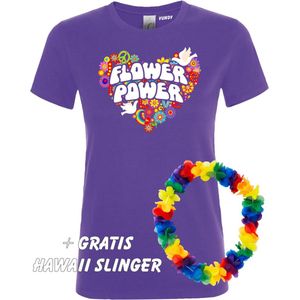 Dames T-shirt Flower Power Hart | Love for all | Gay Pride | Regenboog LHBTI | Paars dames | maat XXL