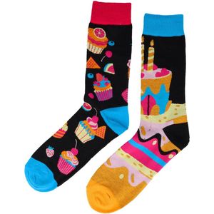 Sokken Katoen - Feest Taart Print - Zwart Roze Blauw - Maat 38-45