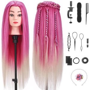 Kappershoofd 75 cm met Synthetisch Haar | Oefenhoofd voor Kappers | Mannequin Hoofd met Tafelhouder en Hairstyling Set