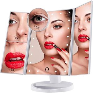 Het beste cadeau voor haar, Make-up spiegel met verlichting, 21 LED-lampjes, spiegel met touchscreen vergroting, cosmeticaspiegel met verlichting, 2x3x 10x vergrotende spiegel, 180° vrij draaibaar, witte dubbele voeding