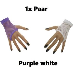Paar nethandschoenen vingerloos Purple White - Festival thema feest disco neon paars en wit verjaardag verkleed feest