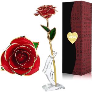 Rose in Red 24K Gold Plated with Clear Stand and Gift Box, Elegant Romantic Flower for Valentine's Day, Mother's Day, Wedding Anniversary