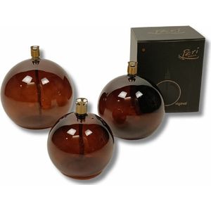 Olielamp - 3 set - Cognac - Glasvezel - Bol model - Peri Living - 9-11-13cm - Messing - Exclusieve Huisdecoratie
