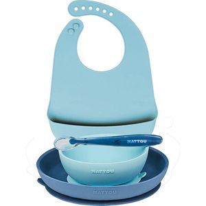 Nattou Siliconen 4-delig Servies Set met Bavet voor Kinderen - Bord + Kom + Lepel - Blauw