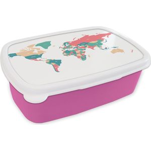 Broodtrommel Roze - Lunchbox - Brooddoos - Wereldkaart - Roze - Blauw - Simpel - 18x12x6 cm - Kinderen - Meisje