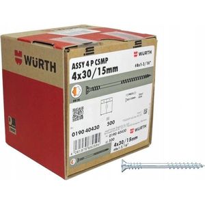 Wurth ASSY® 4 P 4x30/15mm 500st - RW20 - universele - schroef - schroeven - Spaanplaatschroeven - staal verzinkt deeldraad met onderkopdraad verzonken kop met freesholtes