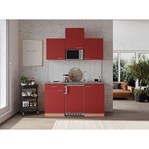 Goedkope keuken 150  cm - complete kleine keuken met apparatuur Gerda - Beuken/Rood - elektrische kookplaat  - koelkast  - magnetron - mini keuken - compacte keuken - keukenblok met apparatuur