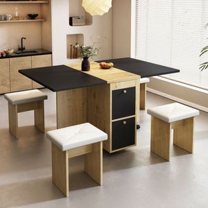 Sweiko Eettafel set, met eettafel, 4 stoelen, vouwbare eettafel, 120*80*75cm, uitschuifbare eettafel, multifunctionele uitschuifbare eettafel, eetkamer stoelen, wit, eiken en zwart