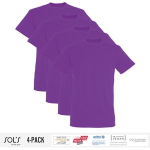 4 Pack Sol's Heren T-Shirt 100% biologisch katoen Ronde hals Paars Maat XXL