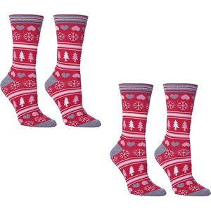 Dames Kerstsokken – 2 Paar – Rood/Grijs/Roze – Maat 37-41