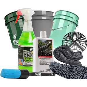 Aluteufel autowasset bestaande uit; Aluteufel velgenreiniger met kleurindicatie 1000 ml, 3 x Magic Bucket 5 gallon wasemmer, Grit Guard grit, Cocentrated Car Shampoo, Velgenreinigings kwast, WashMitt, Droogdoek 1400 Gsm