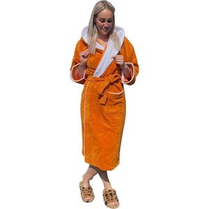 Luxe badjas bamboe katoen/fleece - met capuchon – saunabadjas – badjas dames – badjas heren - terra/oranje - maat L
