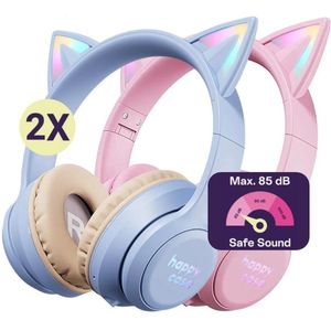 HappyCase Popz - Duo Pack Kinder Koptelefoon Draadloos - Kattenoortjes - Koptelefoon Voor Kinderen - Ledverlichting - Ingebouwde Microfoon - Over-Ear - 85db volumebregrenzer - Bluetooth - Roze & Paars