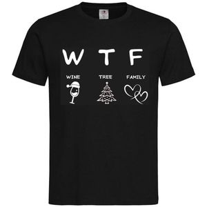 T-shirt Unisex Volwassenen Fout Foute Kerst Kerstmis Wijn Vrouw Grappig Grappige Tekst ""W T F Wine Tree Family"" Op Voorkant | korte mouw | Zwart/wit | maat S