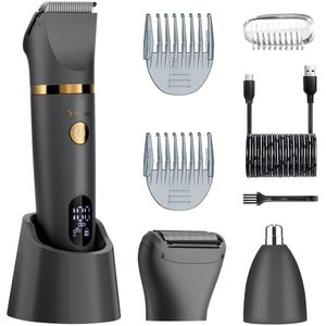 Scttomon 3-in-1 Elektrische Heren Trimmer – Baardtrimmer, Lichaamshaartrimmer & Neustrimmer – LED Display, Waterdicht, USB Oplaadbaar – Grijs