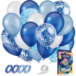 Fissaly 40 stuks Blauw, Wit & Donkerblauw Helium Ballonnen met Lint – Verjaardag Versiering Decoratie – Papieren Confetti – Latex