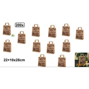 200x Draagtas papier 22+10x28cm Tasty Lunch Bag - take away lunch eten diner food festival thema feest tas kraft