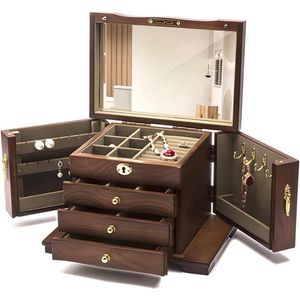 Sieradendoos - Sieradendoosje Hout met Slot Jewelry Organizer Meisje Vintage - 3 Lades En Spiegel - Afsluitbare Sieraden Doos Groot Voor Horloges Ringen Armbanden Oorbellen