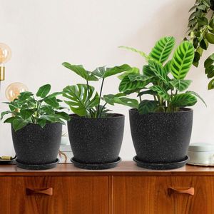 Zwarte kruidenpot 25-22-19 cm met drainagegaten en schoteltjes - Set van 3 voor binnen en buiten - Basilicum orchideeënpotten