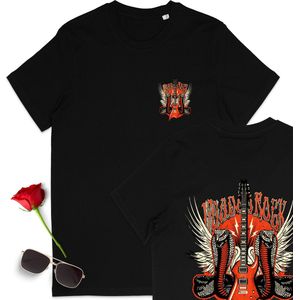 T shirt met gitaar print opdruk op voor- en rugzijde - tshirt Rock muziek voor dames en heren - Unisex maten: S t/m 3XL - T-shirt kleur: zwart.