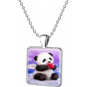 Fako Bijoux® - Ketting - Cabochon - Vierkant - Panda - Blauw/Paars