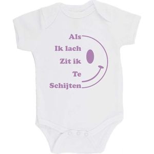 100% katoenen Romper bedrukt met grappige tekst Kado Cadeau Kraamkado Kraamcadeau ""Als ik Lach Zit ik Te Schijten"" Unisex Katoen Wit/lila Maat 68/74