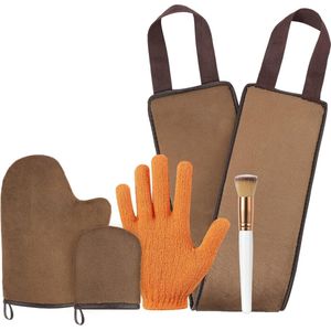 Zelfbruinende handschoenen set met kwast, 5-in-1 bruiningslotion rug applicator zelfbruiner lichaam handschoen bruiningsmousse exfoliatorhandschoenen voor Tanning Mitt Oil zelfbruiner, bruin